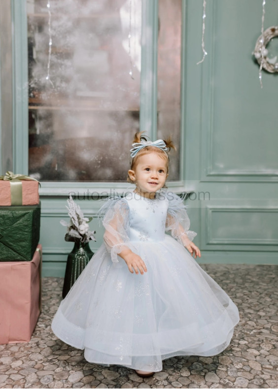 Long Sleeves Light Blue Snowflake Tulle Flower Girl Dress